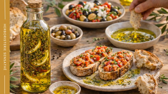 Huile d’olive au thym et au citron servie avec pain et bruschetta dans une ambiance méditerranéenne - Herboristerie Sensathé Huile d’olive au thym et au citron servie avec pain et bruschetta dans une ambiance méditerranéenne - Herboristerie Sensathé